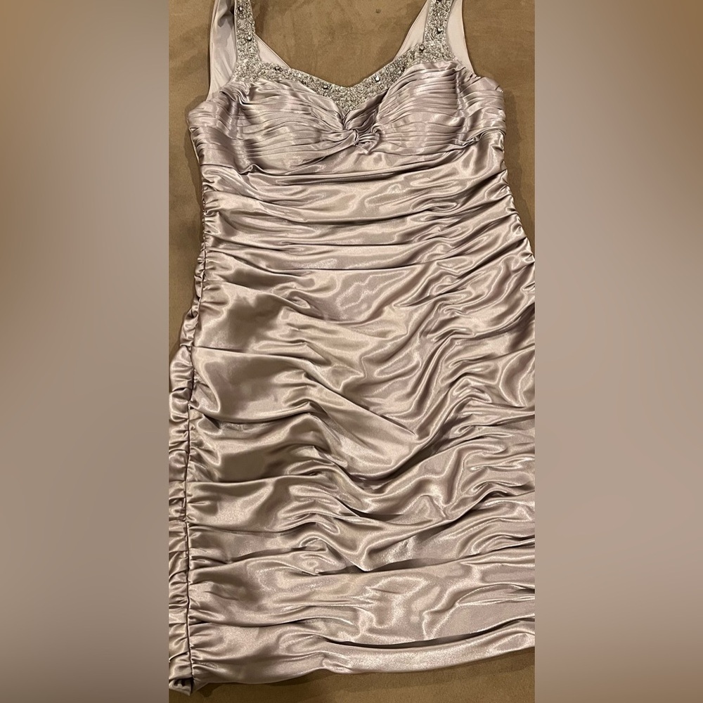 Cachet Silver Satin Ruched Dress with Beaded neckline
